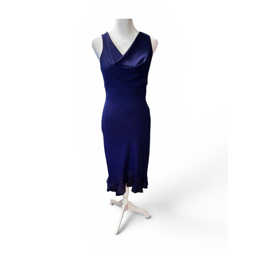 Vintage Y2K Studio Soleil Blue Cowl Neck Midi Dress Ruffle Hem Sz S USA